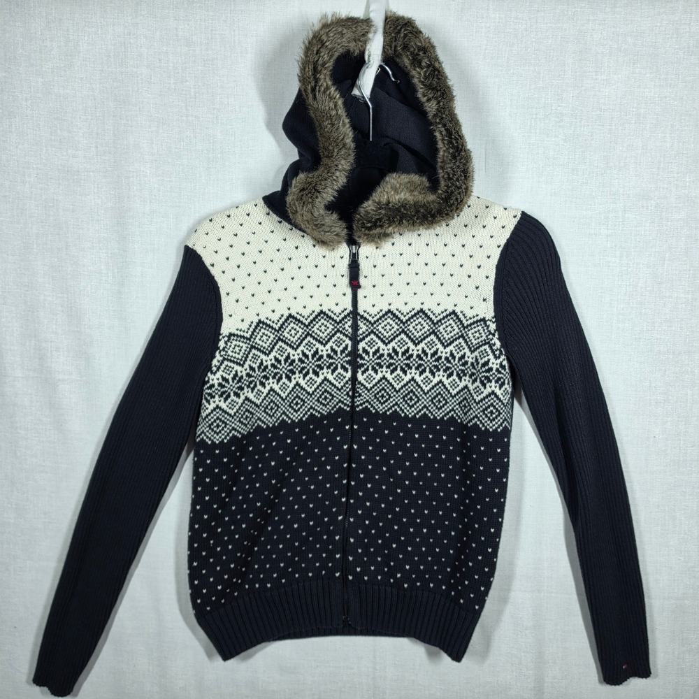 Tommy Hilfiger Full Zip Sweater Womens Medium Navy Fair Isle Faux Fur Hood